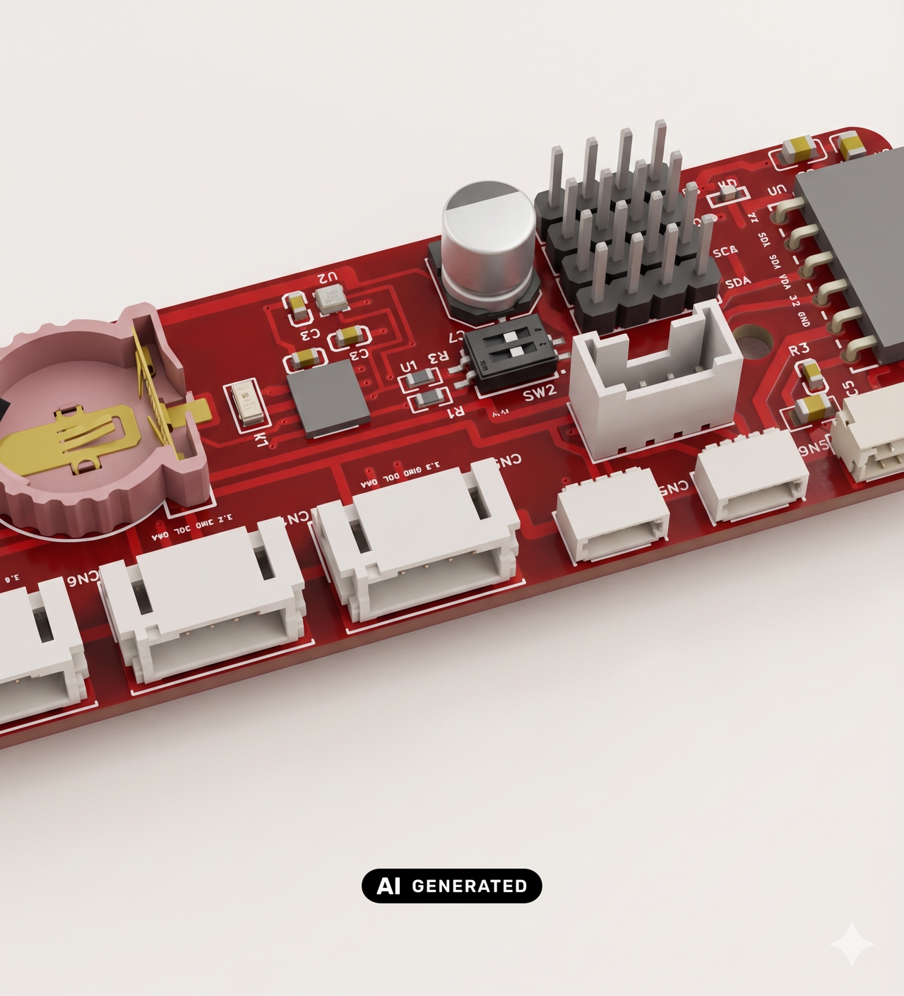 AI-generated render of the assembled Aura PCB