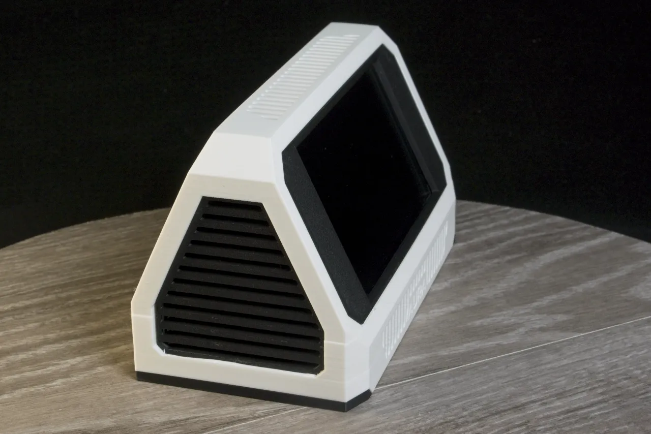 Aura original case (white) — side view showing the angled stand and ventilation grille