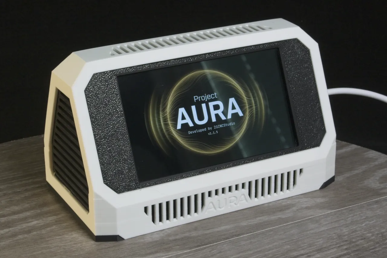 Aura original case (white) — front three-quarter view, Aura AQ boot screen