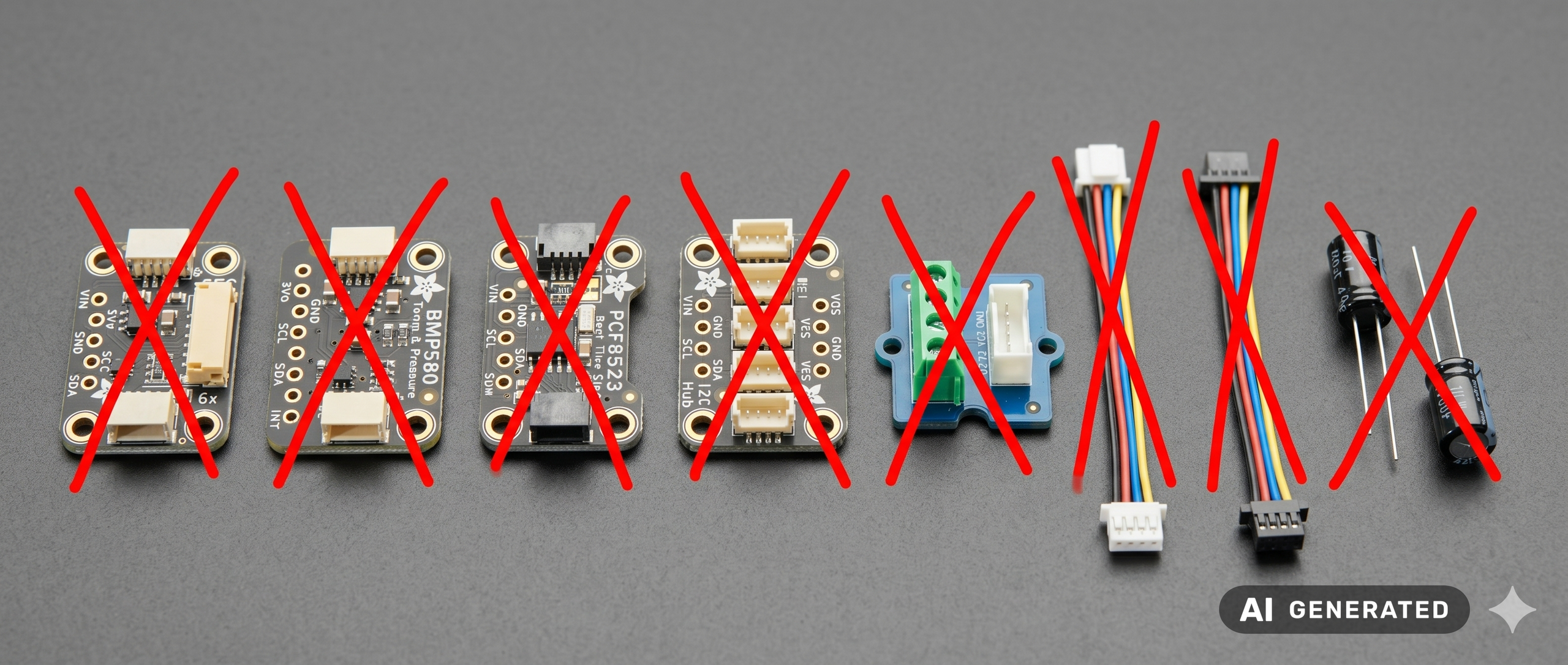 AI-generated illustration of the breakout boards, hub, capacitor, and cables the Aura PCB replaces